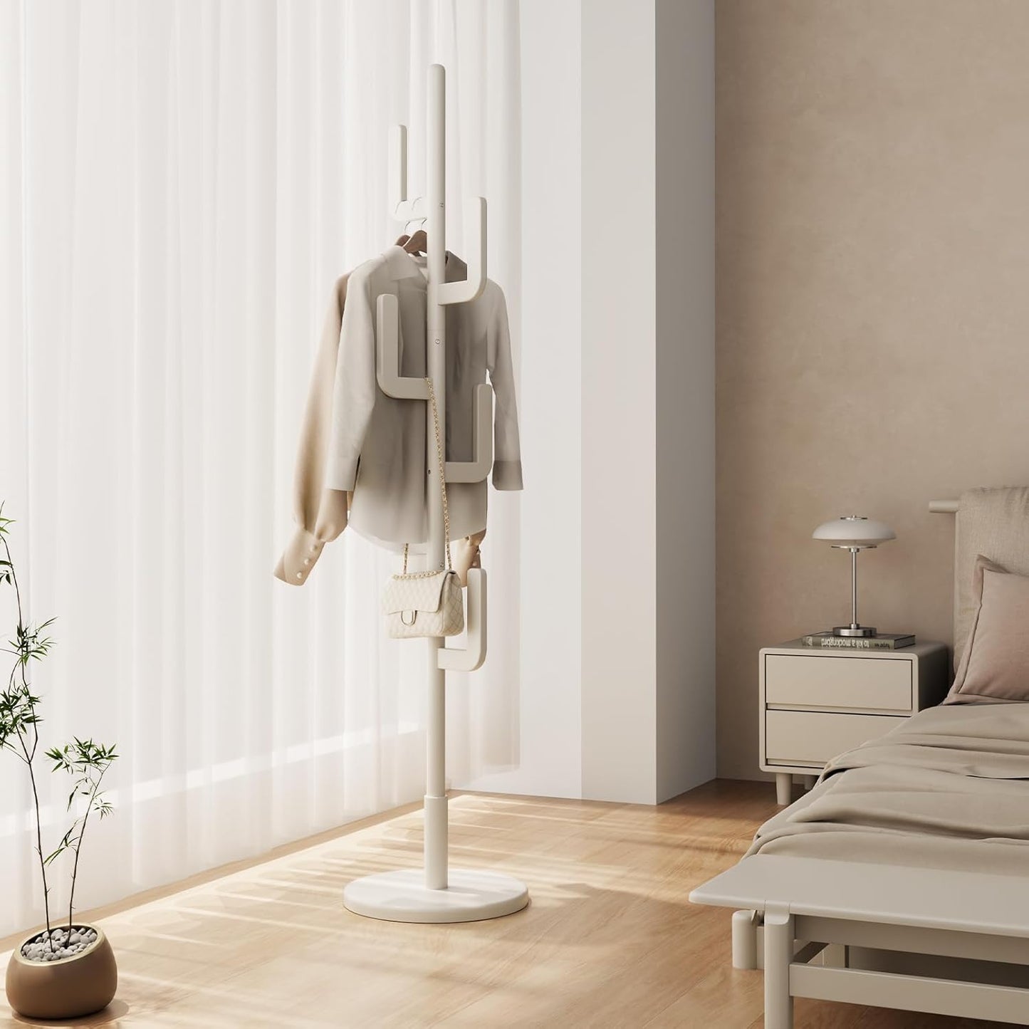 199042 - AQIMUELE Raft Rrobash prej Druri të Fortë me 3 Rafte dhe 3 Parmakë, Rrotulluese, e Bardhë, Përdoret për Rroba dhe Kapele në Korridor apo Dhomë Gjumi