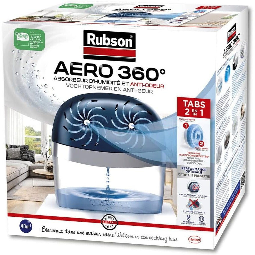 293872 - RUBSON AERO 360° Thithës lagështie për dhoma deri në 40 m², tharëse ajri, eliminuese erërash dhe myku, përfshin 2 mbushje neutrale 450g
