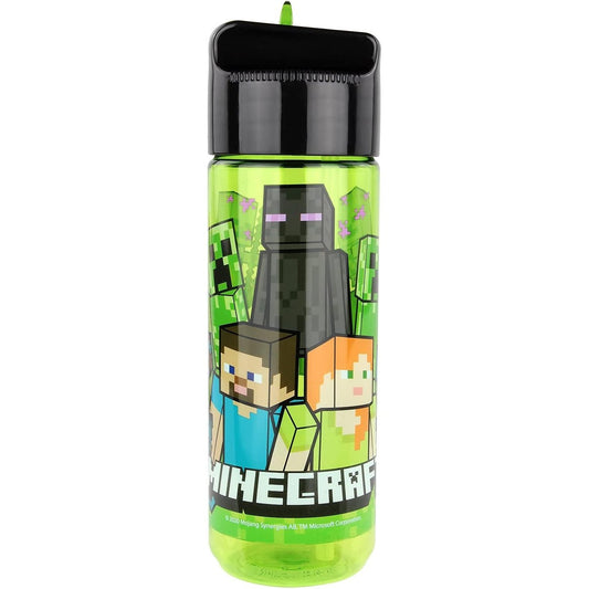 248248 - MINECRAFT Shishe uji për fëmijë, 540 ml, dizajn transparent me motiv Minecraft, pipëz të integruar me kapak, plastike
