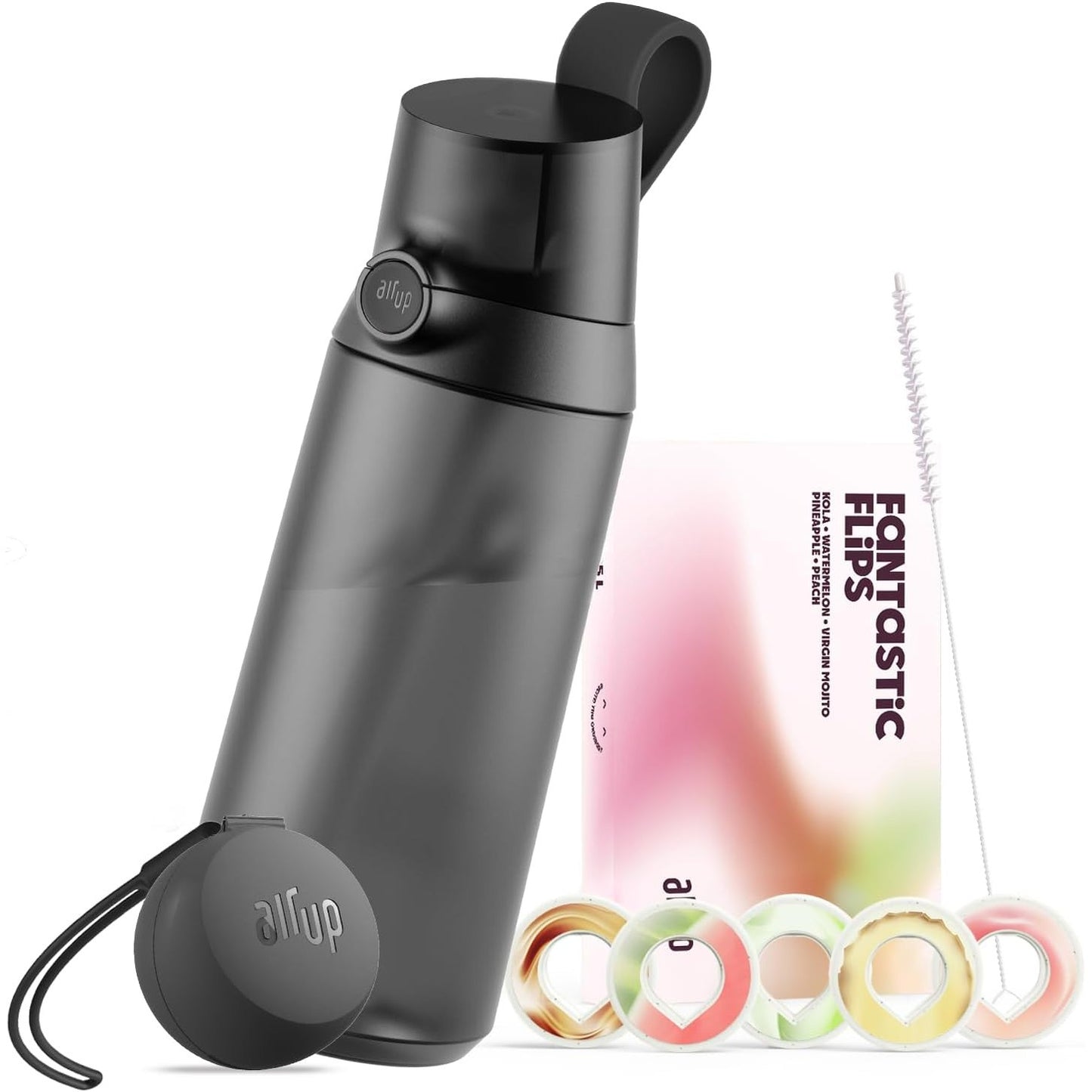 213290 - AIR UP Shishe për pije Click Midnight Black 600 ml - Pako fillestare me 5 kapsula, furçë kashte dhe kuti Twogo në ngjyrë të zezë | Pa sheqer, pa BPA