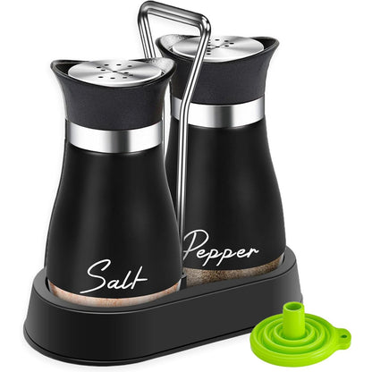 169086 - UDQYQ Set Kriporesh dhe Piperash prej Çeliku Inox me Mbazë prej Qelqi, e Rimbushshme, për Dekorim Modern të Tavolinës - Ngjyrë e Zezë