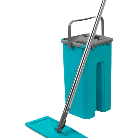 205846 - BELDRAY LA067234EU - Set Mop Dyshemeje me Kovë, Mop i Sheshtë Mikrofibër 360°, Kovë Kompakte që Kursen Hapësirë me 2 Dhoma, Kapaciteti i Ujit 2.5L, Seksioni Shtrydhës dhe Seksioni për Fshirëse Papastërtish, Ngjyrë Turkuaz