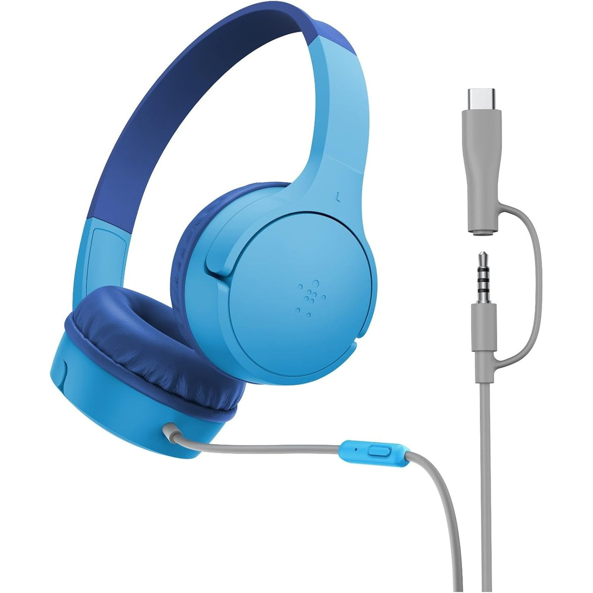 296043 - KUFJE BELKIN SOUNDFORM MINI PËR FËMIJË ME TEL, KONEKTOR USB-C DHE 3.5 MM, MIKROFON DHE NGJITËSE, VËLLIM MAKSIMAL 85DB, PËR MËSIM ONLINE, UDHËTIM, IPHONE, IPAD, GALAXY - BLU