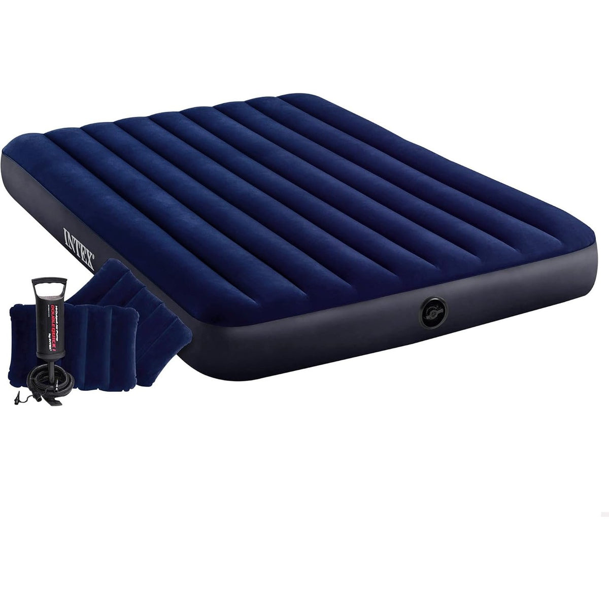 313837 - INTEX Dura-Beam Dyshek kampingu për 2 persona me pompë ajri dhe 2 jastëkë, 203 x 152 x 25 cm, kapacitet 272KG, Fiber-Tech (64765)
