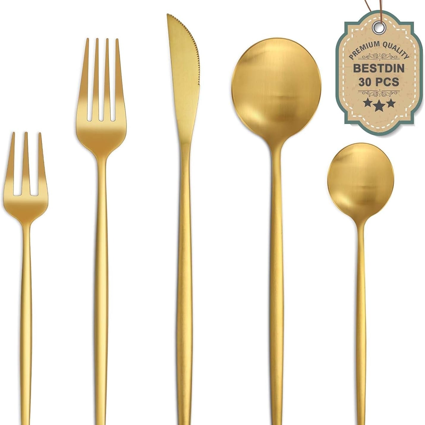 222626 - BESTDIN Set takëmesh Matte Gold, 30 copë, për 6 persona, çelik inox, i përshtatshëm për lavastovilje