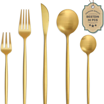222626 - BESTDIN Set takëmesh Matte Gold, 30 copë, për 6 persona, çelik inox, i përshtatshëm për lavastovilje