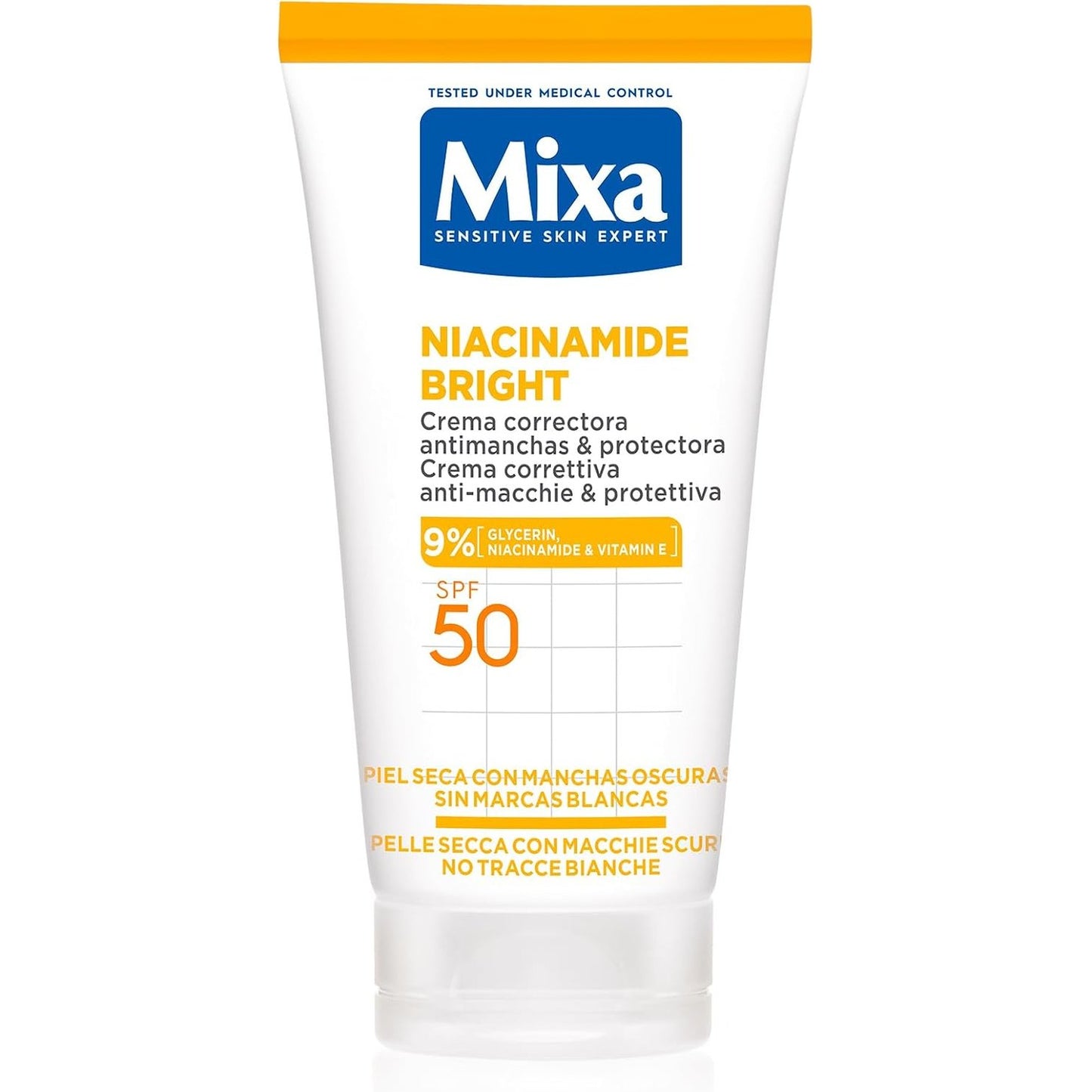 322065 - MIXA Krem Korrektues Niacinamide Bright SPF50, 50 ml, Krem Kundër Njollave dhe Mbrojtës, Për të Gjitha Llojet e Lëkurës, Me Niacinamidë, Vitaminë E dhe Glicerinë