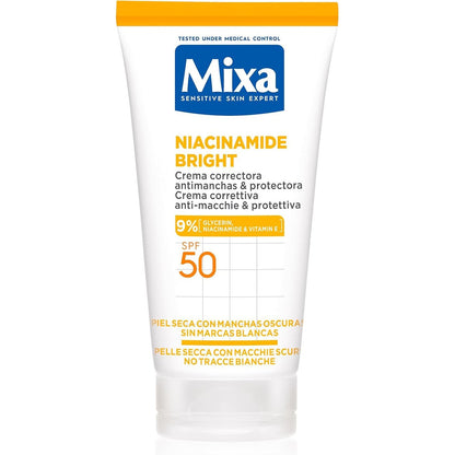 322065 - MIXA Krem Korrektues Niacinamide Bright SPF50, 50 ml, Krem Kundër Njollave dhe Mbrojtës, Për të Gjitha Llojet e Lëkurës, Me Niacinamidë, Vitaminë E dhe Glicerinë