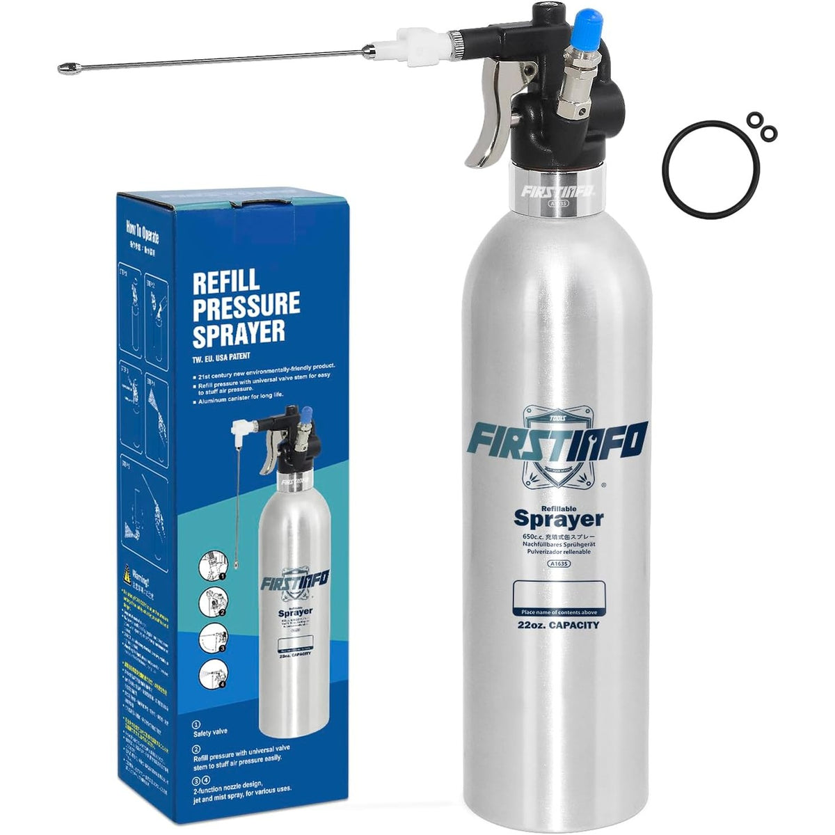 312659 - FIRSTINFO A1638L | Presion maksimal 140 psi | Kapacitet 1000 ml | Material shishe alumini | Atomizues pneumatik me presion | Aerosol i rikarikueshëm
