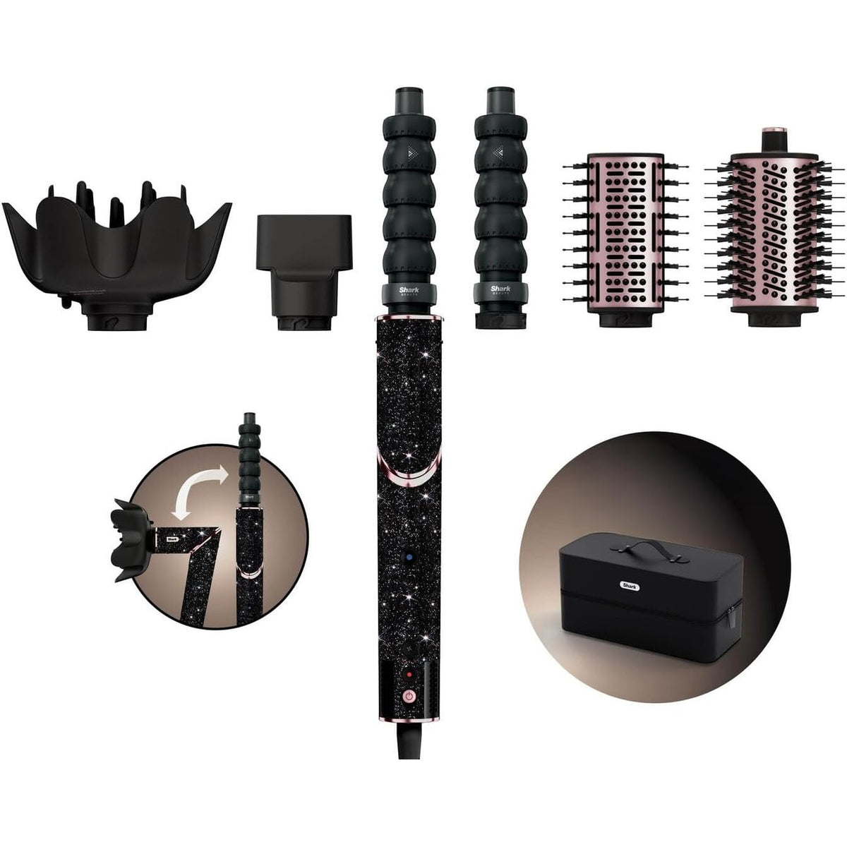 307098 - SHARK FlexStyle Sparkle Limited Edition Black Diamond 5-në-1 Stilizues dhe Tharëse Flokësh me Shtojcë Kaçurrelash, Furçë me Rrepkë, Furçë Ovale, Koncentratues, Difuzues, Kuti Ruajtjeje, HD446JBEU