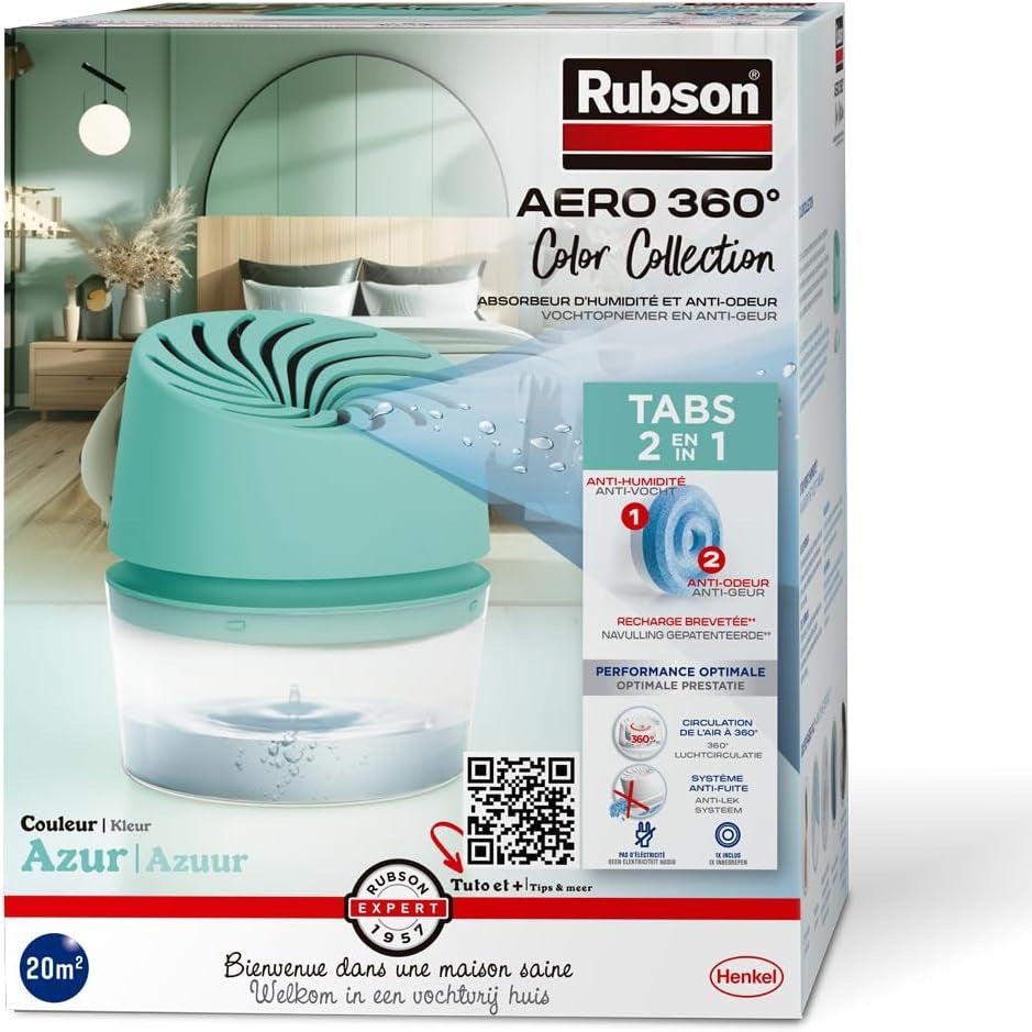 222733 - RUBSON Aero 360° Thithës Lagështie, Azure (1 njësi + 1 mbushje x 450g), për dhoma deri në 20 m²
