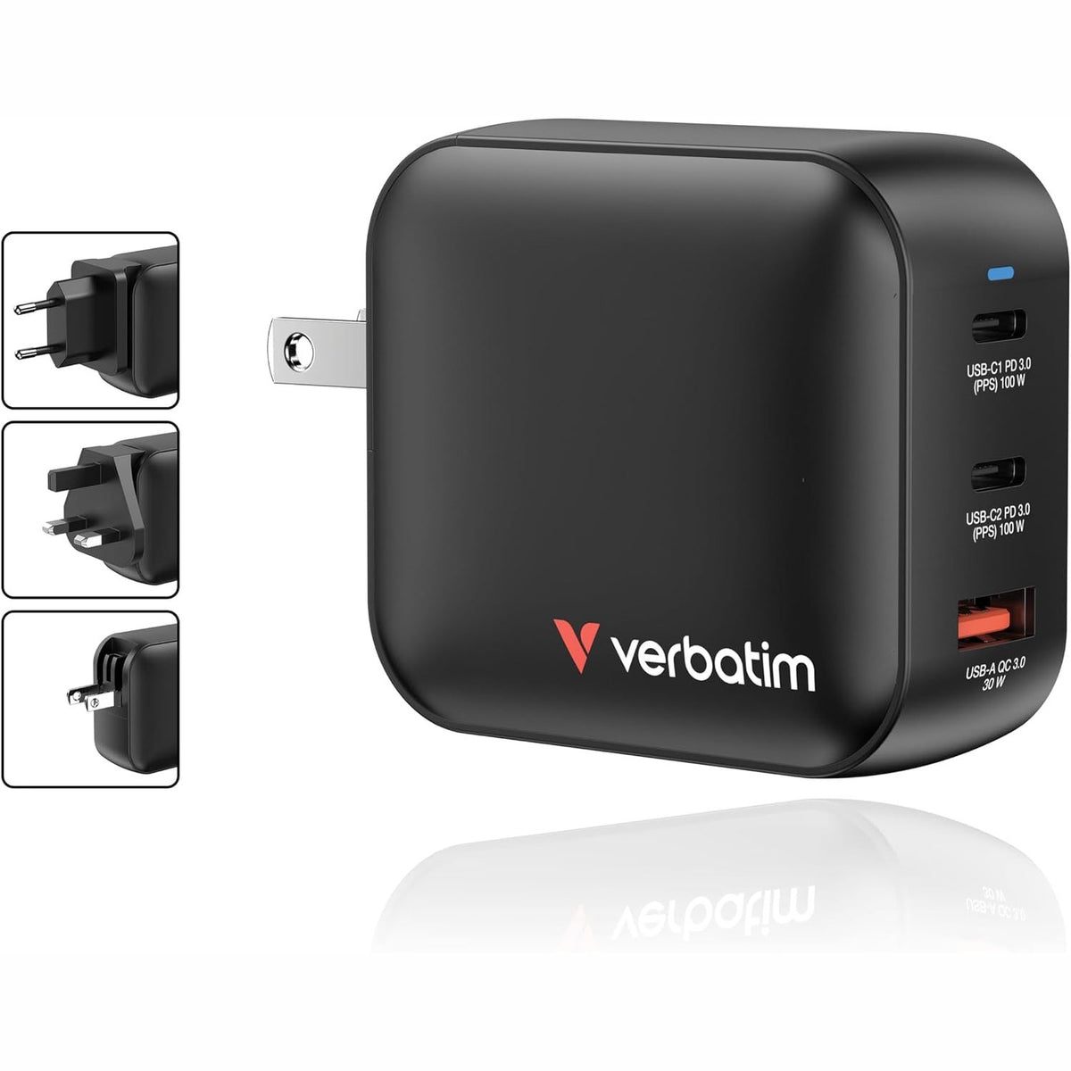 310144 - VERBATIM Karikues Mini GaN 100W, Karikues USB-C me 3 porta, Adaptor energjie me 2 porta USB-C dhe 1 portë USB-A, Karikues i shpejtë me shumë porta, për Apple MacBook, Notebook, iPad, iPhone, Samsung & Co., për BE, Mbretërinë e Bashkuar, SHBA