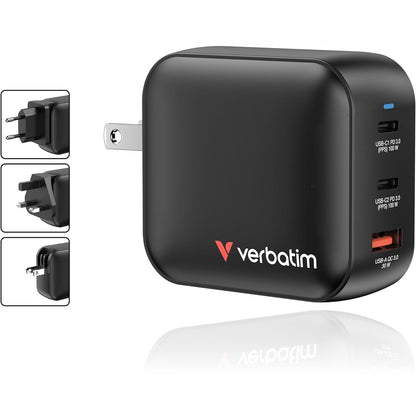 310144 - VERBATIM Karikues Mini GaN 100W, Karikues USB-C me 3 porta, Adaptor energjie me 2 porta USB-C dhe 1 portë USB-A, Karikues i shpejtë me shumë porta, për Apple MacBook, Notebook, iPad, iPhone, Samsung & Co., për BE, Mbretërinë e Bashkuar, SHBA