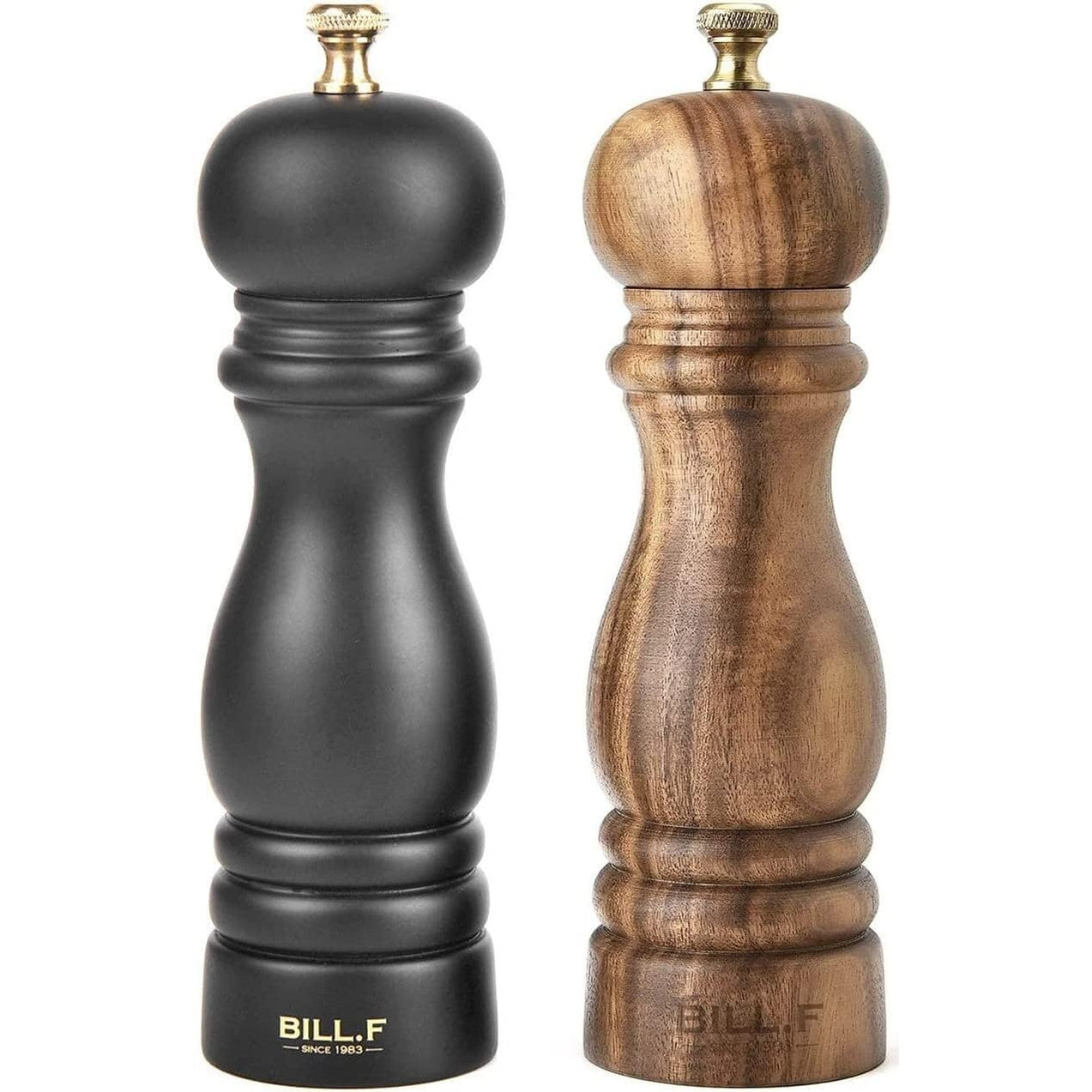 236783 - Bill.F Set mulliri për kripë dhe piper, Set mulliri për piper prej druri me 2 përzierës manualë për kripë dhe piper, i rimbushshëm, 17.8 cm (Ngjyrë e zezë dhe druri)