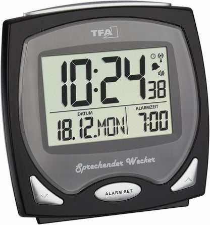 255899 - TFA DOSTMANN Orë alarmi me radio me zë, 60.2541.01, njoftim orar, në gjermanisht, 12 x 6 x 12 cm, e zezë