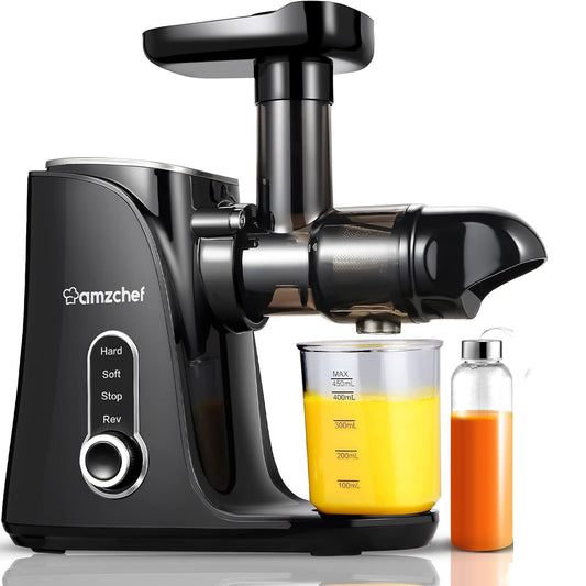 89255 - AMZCHEF Shtrydhëse Frutash dhe Perimesh me Presë të Ftohtë, 2 Mënyra Shpejtësie, pa BPA, me LED Inteligjent dhe Funksion të Kundërt, e Përfshirë Shishe Portative dhe 2 Gota, e Zezë