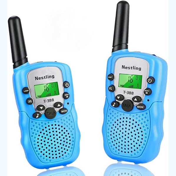295273 - Set me 2 radio dore për fëmijë, radio dore e rikarikueshme, lodër për jashtë për fëmijë, 22 kanale, me ekran LCD me ndriçim dhe funksion VOX, dhuratë për vajza dhe djem të moshës 3-12 vjeç (blu dhe rozë)