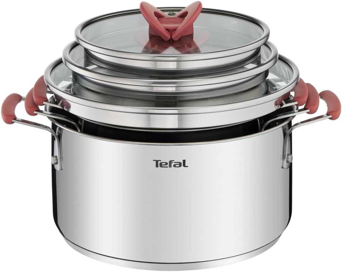 167328 - TEFAL Seti prej 3 Tenxhere të Argjendta Opti'Space + 3 Kapakë Qelqi, të çelikut inox, të Stivueshëm, Madhësia 18/20/24cm, të Pajtueshme me Induksion, Modeli G720S674