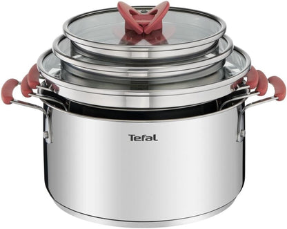167328 - TEFAL Seti prej 3 Tenxhere të Argjendta Opti'Space + 3 Kapakë Qelqi, të çelikut inox, të Stivueshëm, Madhësia 18/20/24cm, të Pajtueshme me Induksion, Modeli G720S674