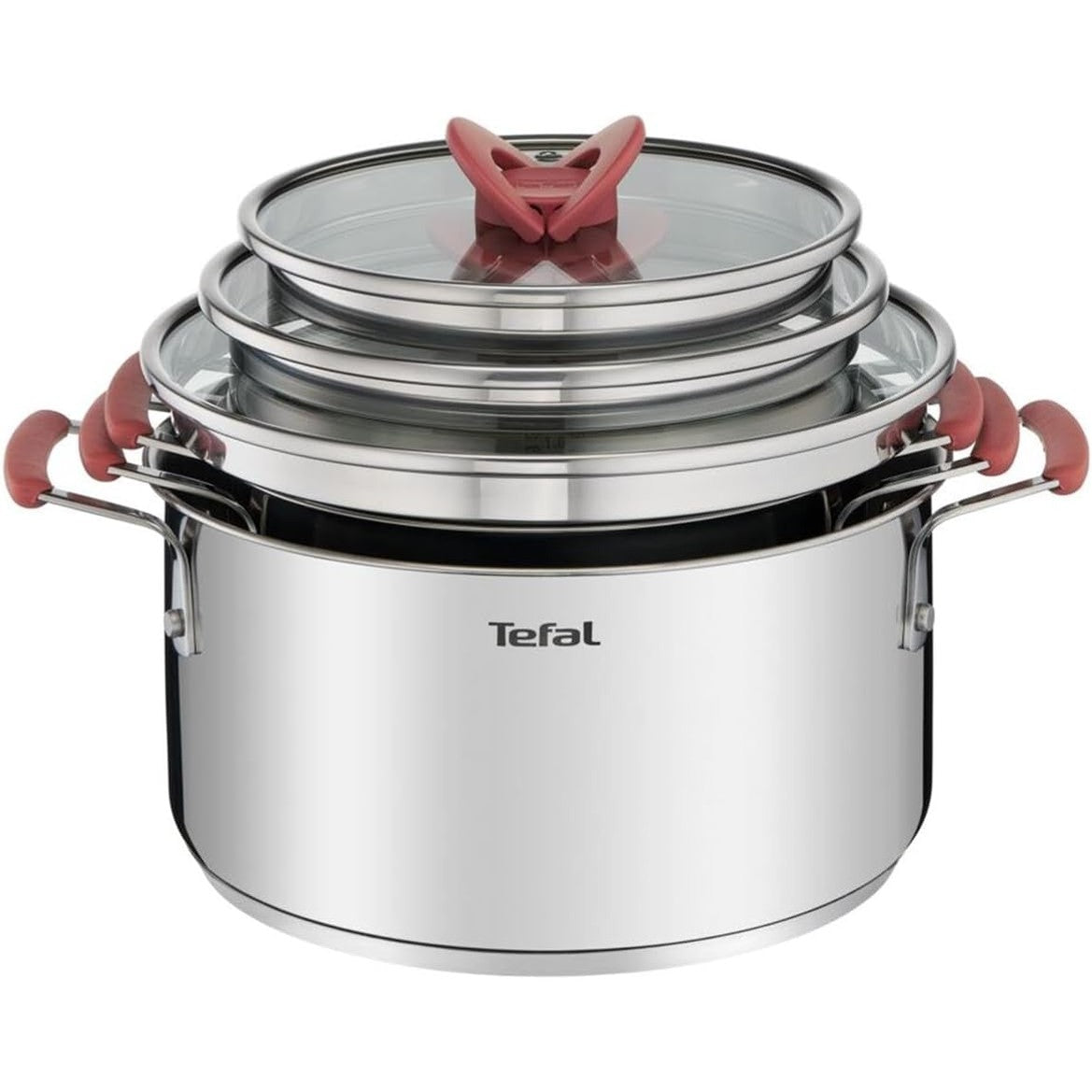 255126 - TEFAL Set me 3 tenxhere 18/20/24 cm +1 kapakë qelqi, çelik inox, i pajtueshëm me induksion, G720S674, argjendi, transparent