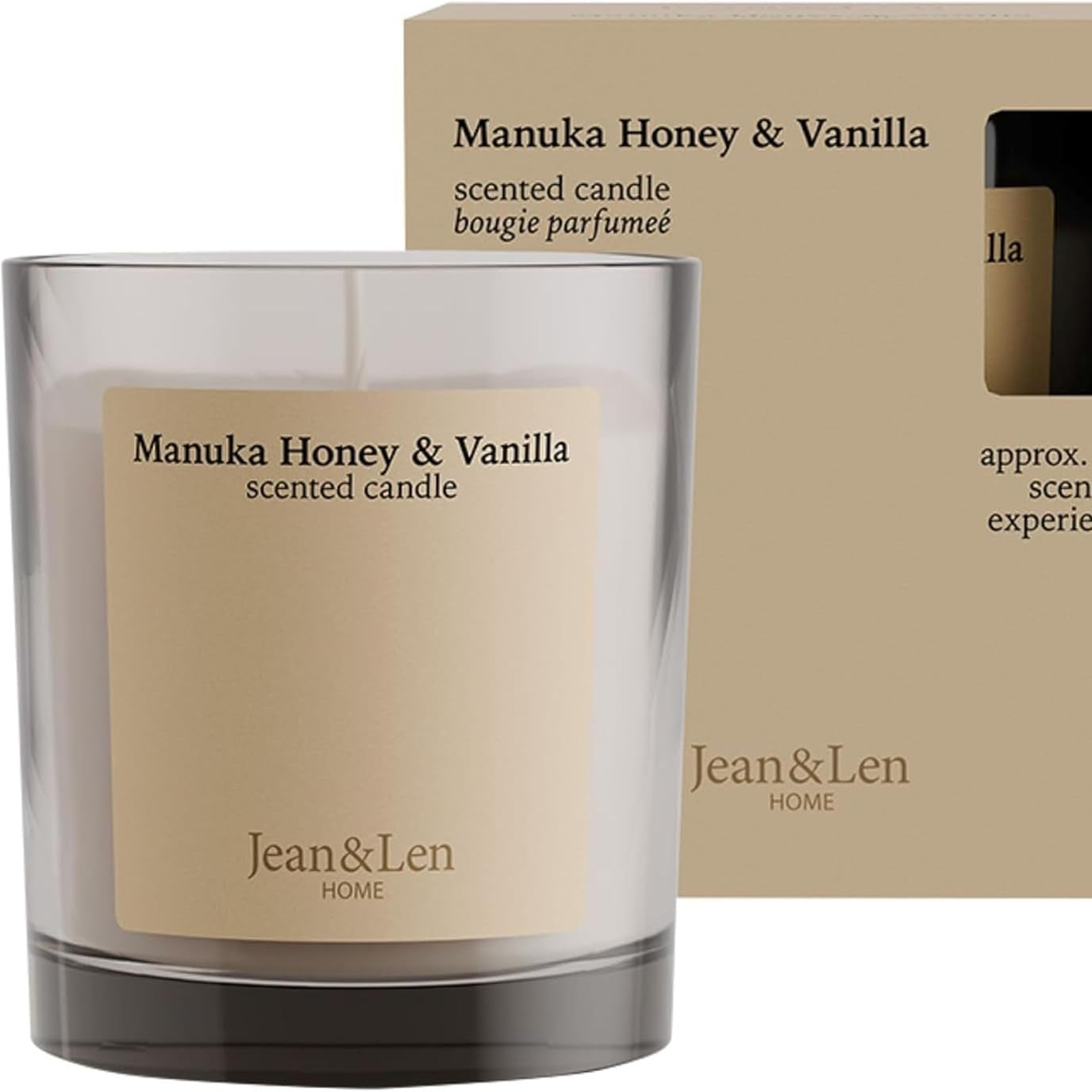 263622 - JEAN & LEN Qiri aromatik Manuka Mjaltë & Vanilje, 195 g, kohë djegieje 40 orë, dizajn minimalist, vegan