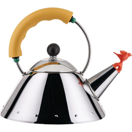 245064 - ALESSI Çajnik 9093/1 Y, Çelik Inoks 18/10, 100 cl, i përshtatshëm për induksion, Fishkëllimë Zogu, e Verdhë