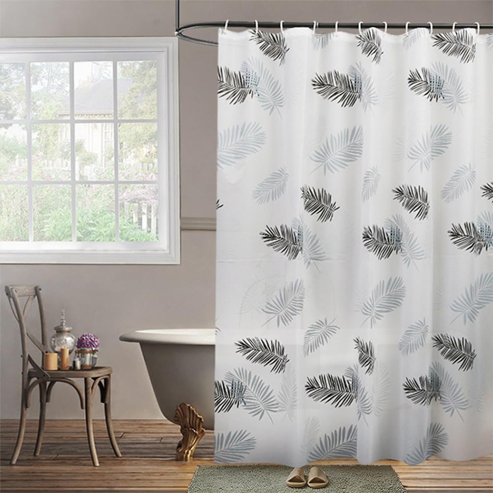 263665 - OGECHI - Perde Dushi Anti-Myk 200x200 cm me Grepa, Plastike e Papërshkueshme nga Uji, PEVA Gjysmëtransparente e Larëshme e Bardhë me Gjethe të Zeza