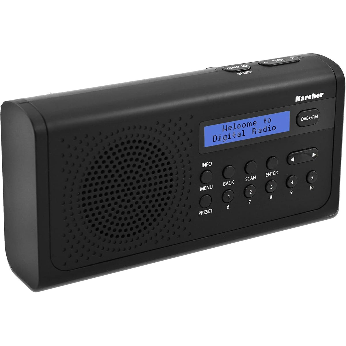 295801 - KARCHER DAB 2405 - radio portative DAB+ (DAB+/FM, radio kuzhine me funksionim nga rrjeti elektrik/bateri, altoparlant, prizë kufjesh, orë me zile, ekran LCD, radio dixhitale e vogël, e zezë)
