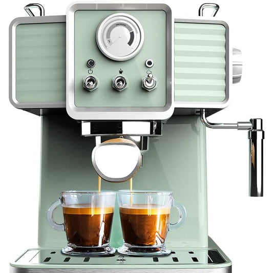 118244 - CECOTEC Makinë Kafeje Tradicionale Power Espresso 20, 1350 W, Kapacitet 1.5 L, Ngjyra Jeshile e Çelët, Me Matës Presioni dhe Gjenerator Avulli, Dizajn Vintage, Përgjigje për Espresso dhe Cappuccino, Sistemi me 20 Bar dhe Termobllok