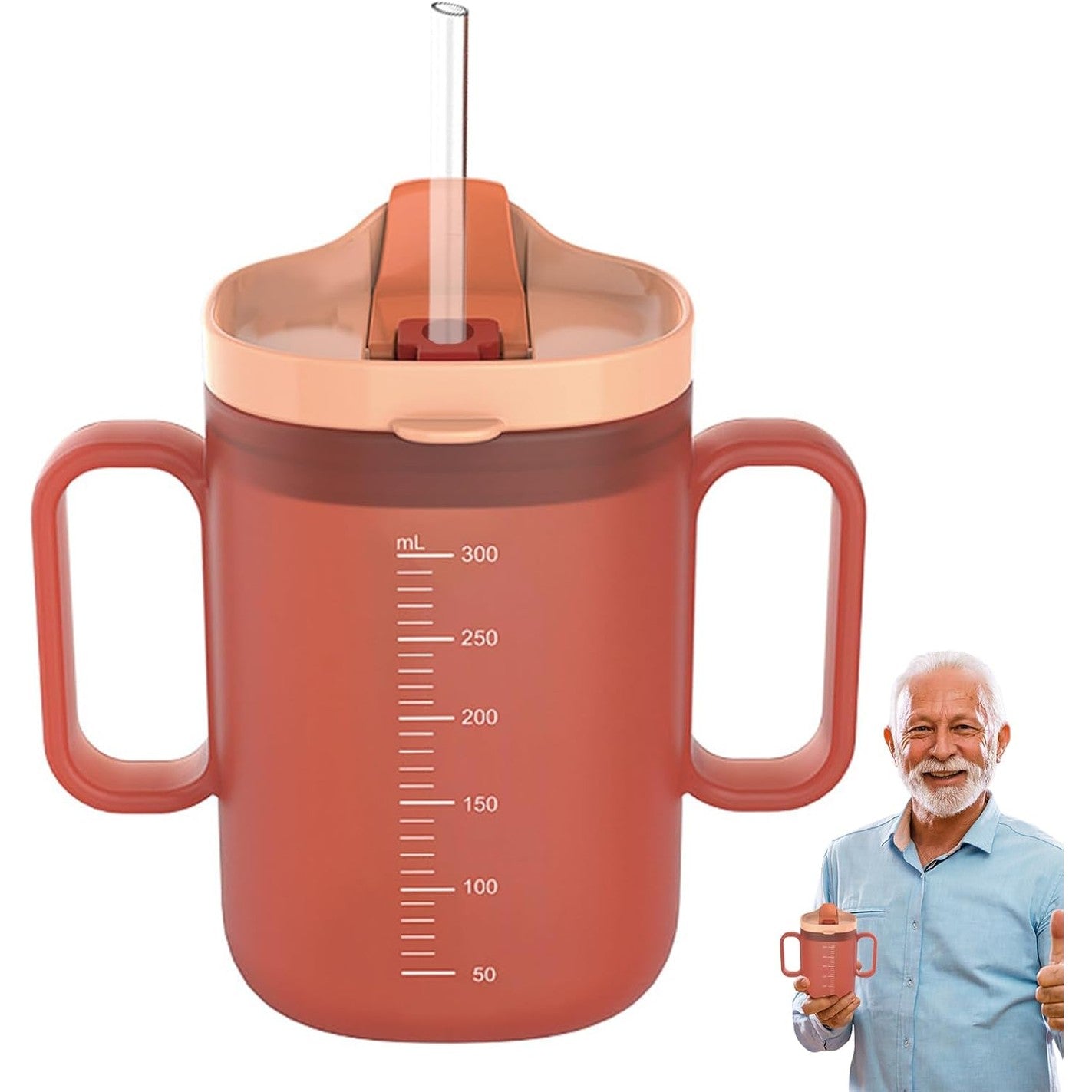 163075 - BDHYYM Gotë për të Moshuar me Grykë që nuk Derdhet, 300ml, me Dorëzë të Dyfishtë dhe Kashtë, me Kapak, Kujtesë për Kapacitetin