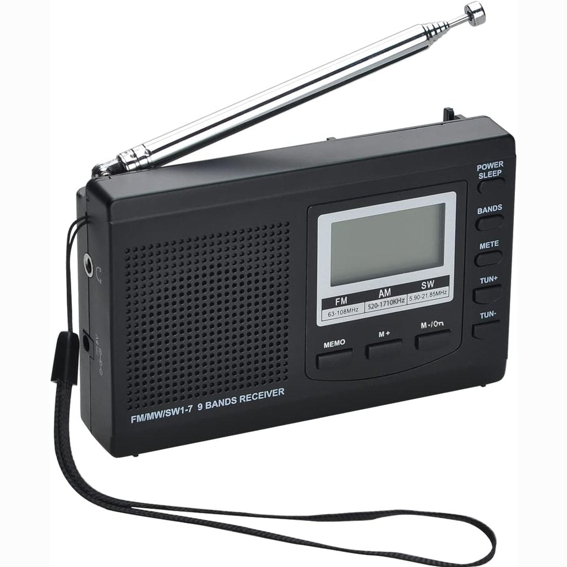 267033 - COVVY Radiomarrës portativ AM/FM/SW1-7 me 9 banda, radio dixhitale me ekran 12/24 orësh, alarm, funksionim me bateri