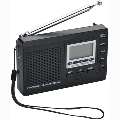 267033 - COVVY Radiomarrës portativ AM/FM/SW1-7 me 9 banda, radio dixhitale me ekran 12/24 orësh, alarm, funksionim me bateri
