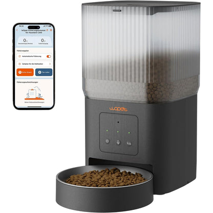 218495 - WOPET - Ushqyes Automatik për Mace 4L - Dispenser Ushqimi me Jetëgjatësi Baterie 180 Ditë (1-6 Vakte/Ditë, Ushqim i Tharë) - Tas Çelik Inoks, Furnizim i Dyfishtë me Energji, i Zi