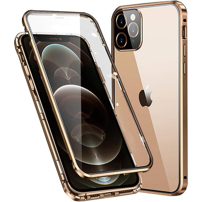 273846 - Mbështjellëse për iPhone 12 Pro, Metal me Adsorbim Magnetik, Xham i Temperuar përpara dhe prapa, 360 gradë, 6.1 inç, Ari