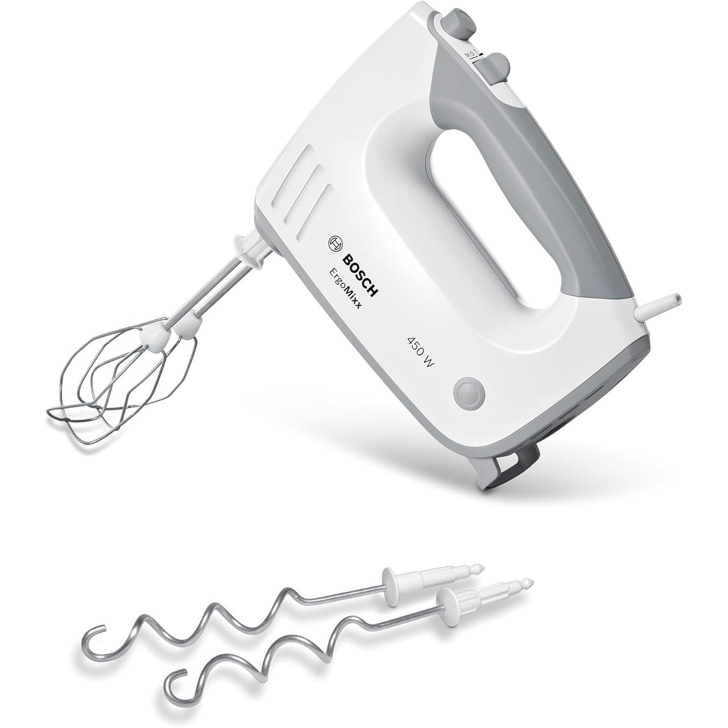162470 - BOSCH MFQ36400 Mikser Dore ErgoMixx, 450W, e Bardhë/Gri, me 5 Shpejtësi + Turbo, 2 Rrahëse dhe 2 Grepa për Brumë prej Çeliku Inox