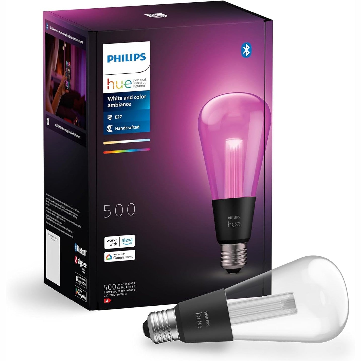 221230 - PHILIPS Llambë LED inteligjente Hue White & Color Ambiance Lightguide, ST70, llamba LED të errësueshme, 16 milionë ngjyra, kontroll inteligjent me zë dhe aplikacion