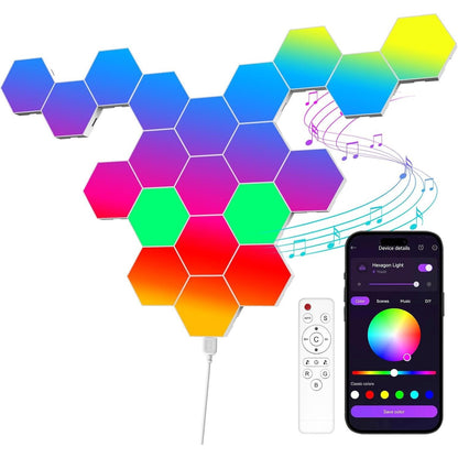 175109 - MERGBW-HOME 20 Copë Panele LED Gjashtëkëndëshe, Dritë Muri Inteligjente me Sinkronizim Muzikor dhe Kontroll Aplikacionesh, Telekomandë dhe Aksesorë Lojërash Inkluduar, Në Formë Hualli Bletësh