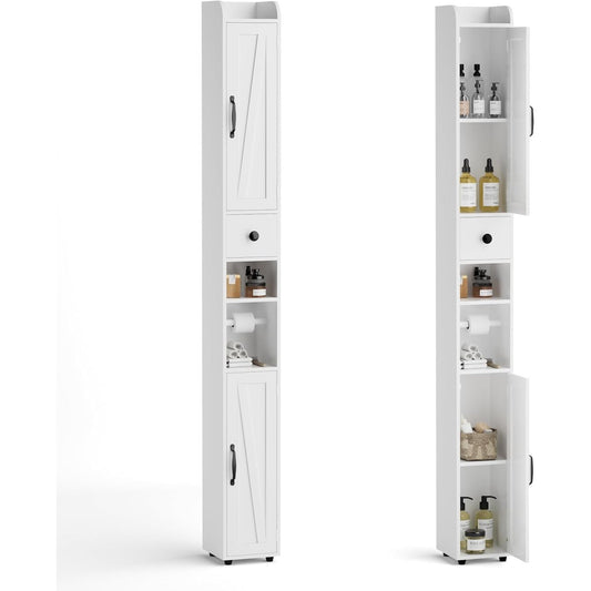 167181 - BONVACHE - Dollap Kolone për Banjo me 3 Hapësira të Hapura, 1 Sirtar, 2 Dyer, e Bardhë, 20x20x180cm, Rafte të Rregullueshme dhe Mbajtëse Letre Higjienike