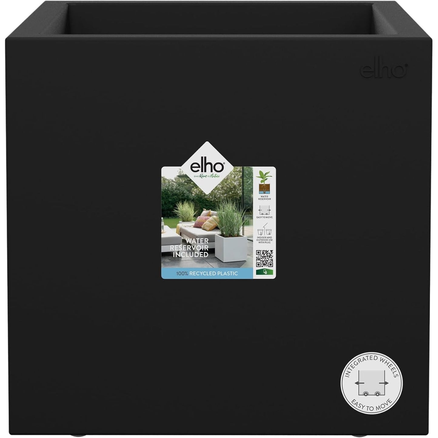 208697 - ELHO VIVO - Vazo Next Square 30 Për Brendshme dhe të Jashtme, 100% Plastikë e Ricikluar, Dimensionet: Ø 29.5 x L 29.5 cm, Ngjyra: E Zezë