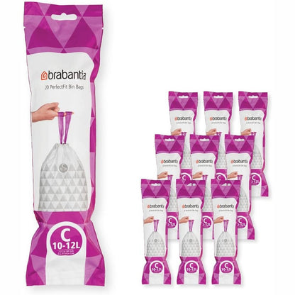 184188 - BRABANTIA PerfectFit - Qese Shumëpaketëshe Kod C/10-12 Litra, Ultra të Forta me Doreza Rrëshqitëse, 10 Rrotulla (200 Qese), Ngjyra e Bardhë, 137983