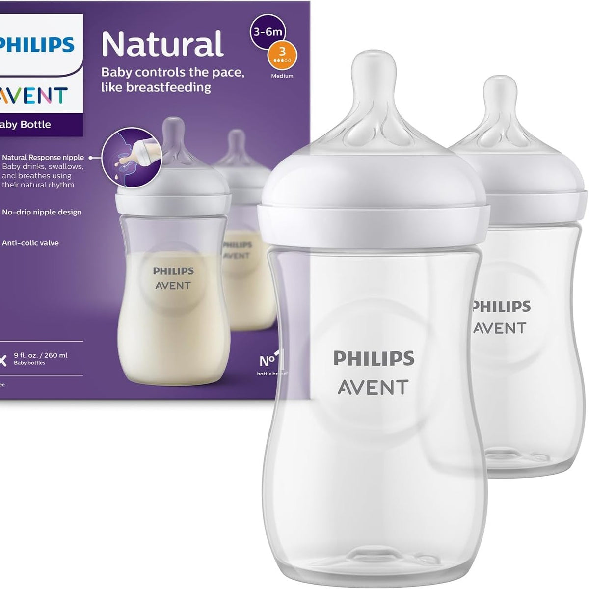 317519 - PHILIPS AVENT Shishe për foshnje Natural Response, pako me 2 shishe 260 ml pa BPA për foshnje 3 muajsh e lart (Modeli SCY903/02)