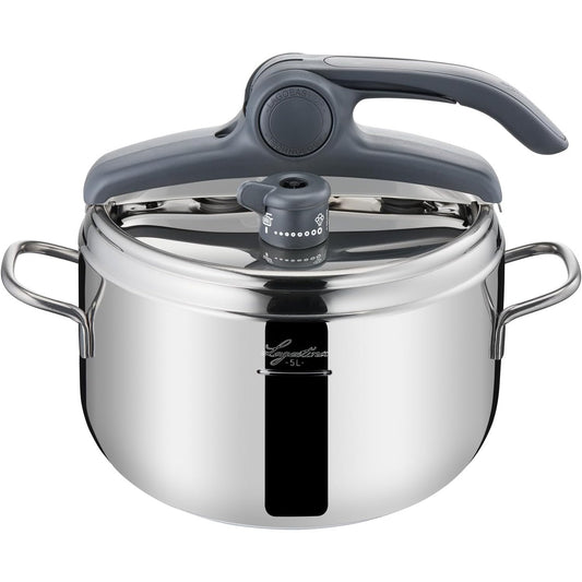 204111 - LAGOSTINA Tenxhere me Presion Irradial Control Lagoeasy'UP, Prej Çelik Inox 18/10, Kapacitet 5L, Diameter Ø 22 cm, Përshtatshme për Induksion dhe Gaz, Hapje e Thjeshtuar e Kapakut, Baza Irradial Plus me 3 Shtresa
