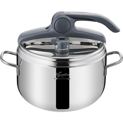 187083 - LAGOSTINA Tenxhere me Presion me Kontroll Rrezor, Kapacitet 5L, çelik Inox 18/10, Diameter Ø 22cm, Përshtatshme për Induksion dhe Gaz, Kapak që Hapet Lehtë, Fund me Tre Shtresa Irradial Plus