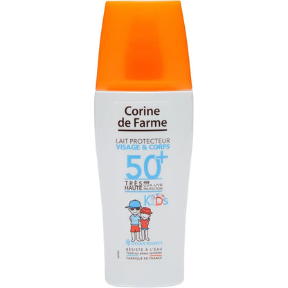 318149 - CORINE DE FARME Qumësht Mbrojtës SPF50+ KIDS, 150 ml, Mbrojtje e Lartë nga Dielli për Fytyrën dhe Trupin, për Lëkurën Delikate të Fëmijëve, Monoi Tahitian, Hipoalergjik