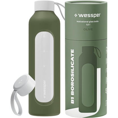 263339 - WESSPER Shishe Uji prej Qelqi 500 ml, me shkallë hidratimi, borosilikat me mbështjellëse silikoni, pa BPA, ngjyrë ulliri