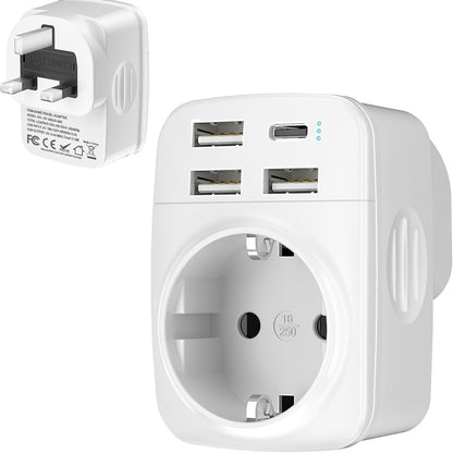 274082 - HOPPAC Adaptues udhëtimi 5 në 1, Adaptor për Mbretërinë e Bashkuar, Angli, Gjermani, Prizë, Tipi G për Irlandën, Hong Kongun, Singaporin, Malajzinë, Maltën, Qipron, Katarin dhe Pakistanin