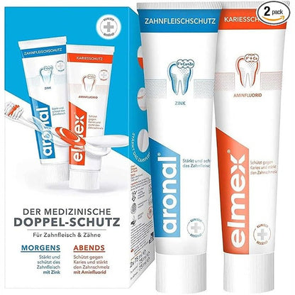 303896 - ARONAL & ELMEX Pastë Dhëmbësh me Mbrojtje të Dyfishtë 2x75ml – Pastrim Mjekësor Dentar me Mbrojtje të Dyfishtë për Mishrat e Dhëmbëve dhe Mishrat e Dhëmbëve – Forcon Dhëmbët Kundër Kariesit për Përdorim në Mëngjes dhe në Mbrëmje