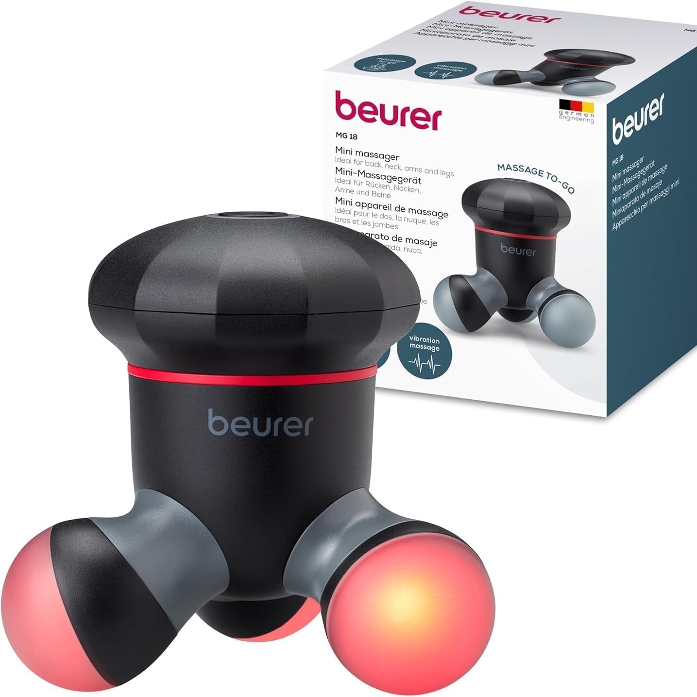 275610 - BEURER - MG 18 Mini Masazher - masazhator elektrik dore për masazh të butë me dridhje - ideal për shpinë, qafë, krahë dhe këmbë - me dritë LED - i lëvizshëm - i zi