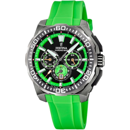 276041 - FESTINA Orë analoge për meshkuj, Rrip gome jeshil, Mekanizëm kuarci, Kronograf, Datë, 20 ATM, F20725/3 Chrono Bike