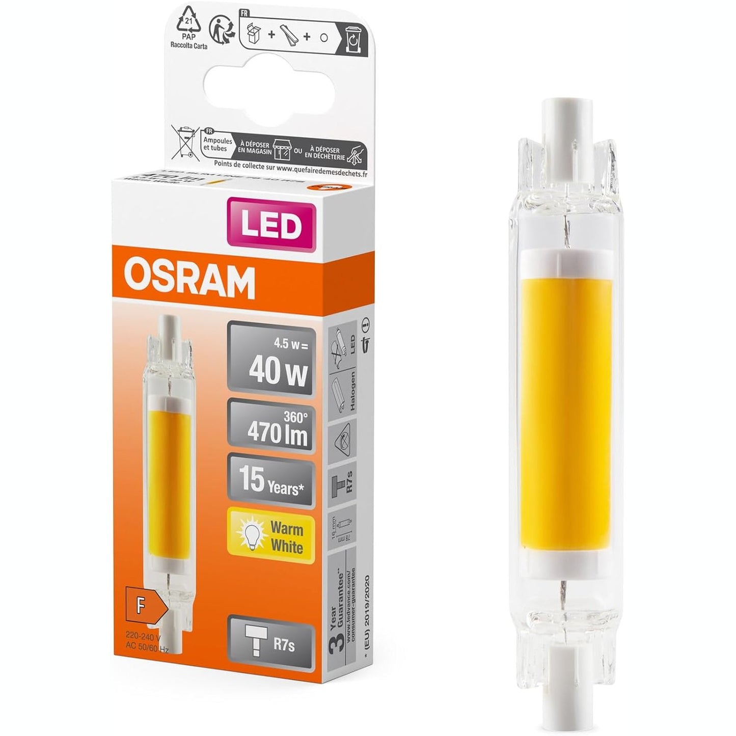 186236 - OSRAM Llambë LED Shumëngjyrëshe Slim Line, R7s Retrofit Baza, 4.5W/470 lm, Dritë e Qartë, e Bardhë e Ngrohtë me 2700 K, Pa Errësim, IP20, Xham pa Plumb, Diametër 16 mm